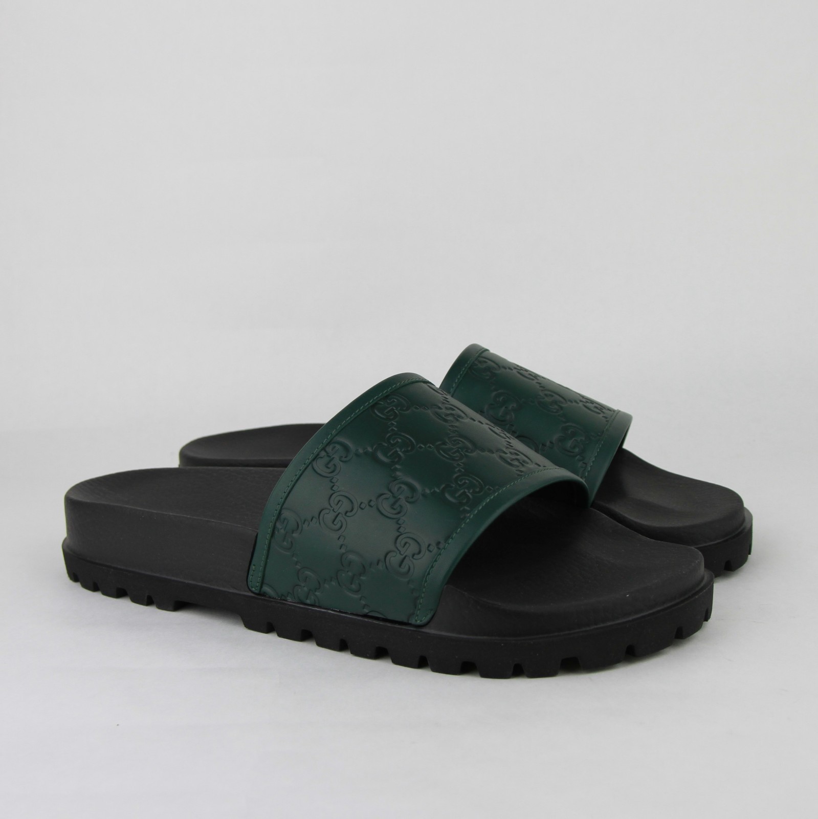 Pre-owned Guccissima Gucci Green And Black Leather  Pattern Sandals 431070 3020 In Green/balck