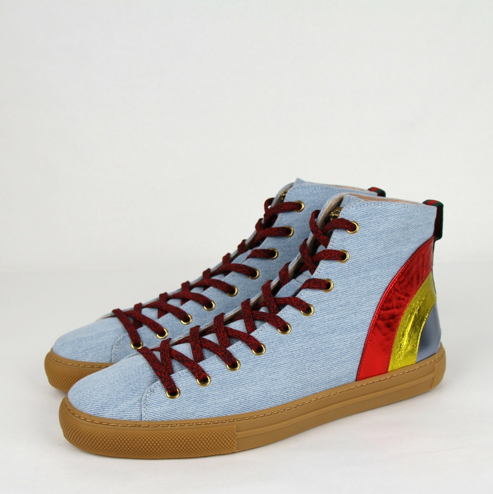 Pre-owned Gucci Men's Blue Denim Lame Rainbow Sneaker W/metal Tiger 9g/us 10 450887 4969