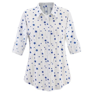 Star & Lurex Button Front Roll-Tab Sleeve Woven Shirt