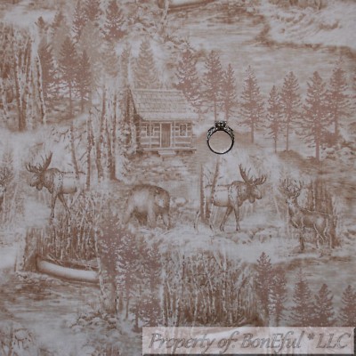 BonEful Fabric FQ Cotton Quilt Cream Scenic Tree Forest Woods Country Cabin Deer
