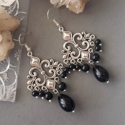 Vintage Style Black Gothic Chandelier Earrings 925 Sterling Silver hooks Tibetan