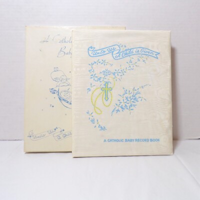 Vintage 1952 Catholic Baby Record Book Satin Cover Box Unto Us A Child is Given