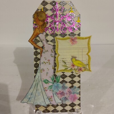 Handcrafted Mixed Media Tag. Elegant Young Lady With Pink Chandelier. 8x4