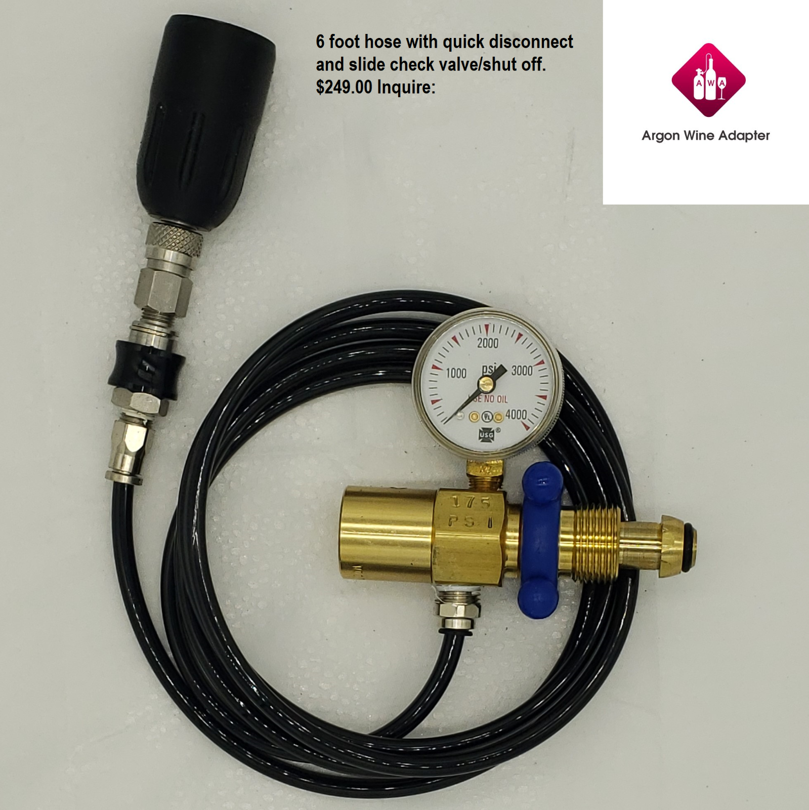 Argon Wine Adapter® w/ Regulator , 10ft coiled hose compatible with Coravin