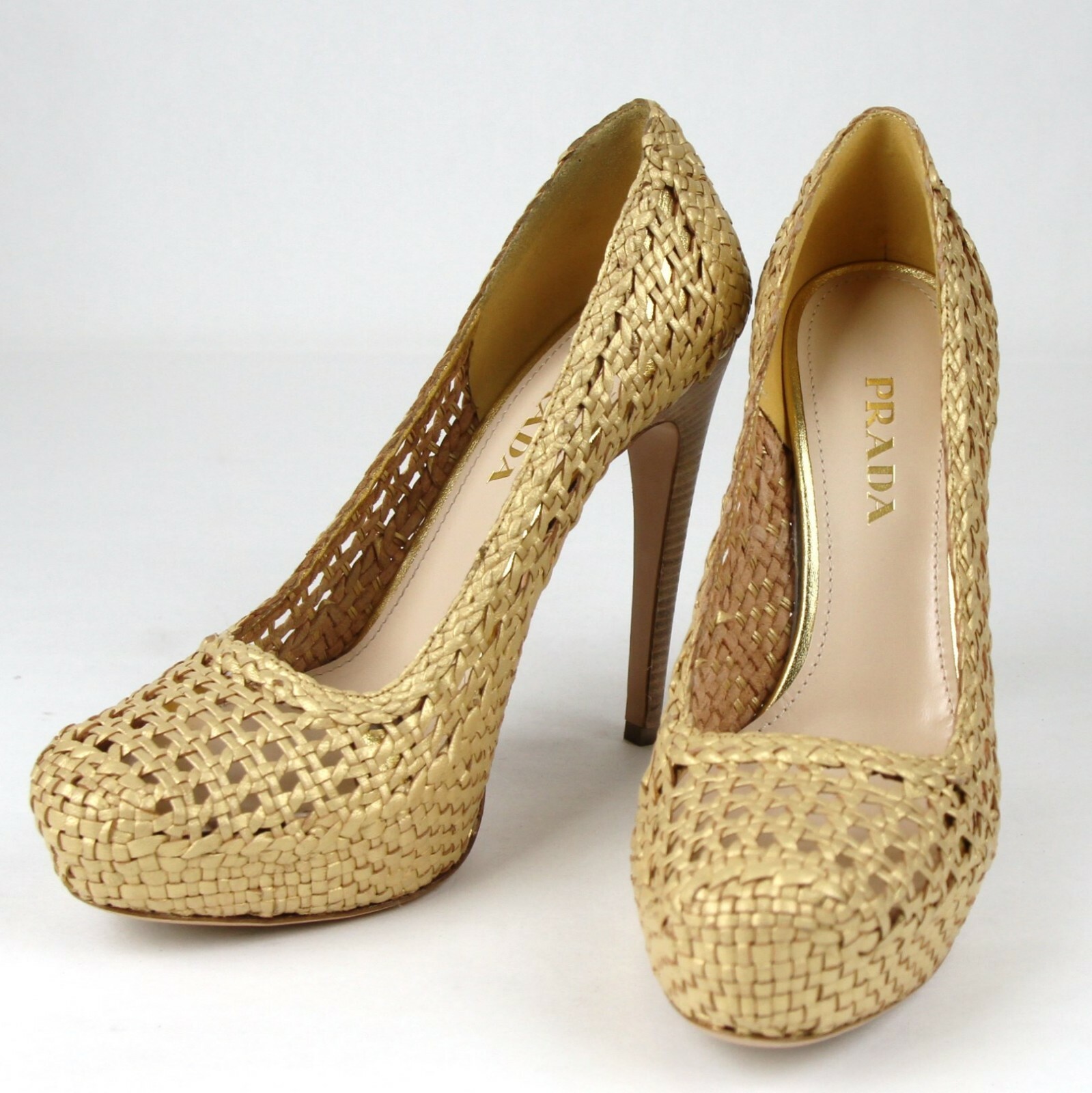 Pre-owned Prada Women's Gold Metallic Leather Woven Platform Pump Heel 1ip064