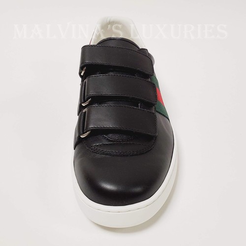 Pre-owned Gucci Sneakers Mens Web Ace Straps Logo Heel Black Leather Shoes Sz 8g 8.5