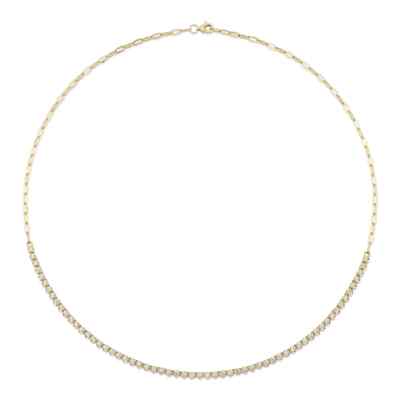 Diamond Tennis Paper Clip Necklace 14K Yellow Gold Crown Setting Round 1.12 CT