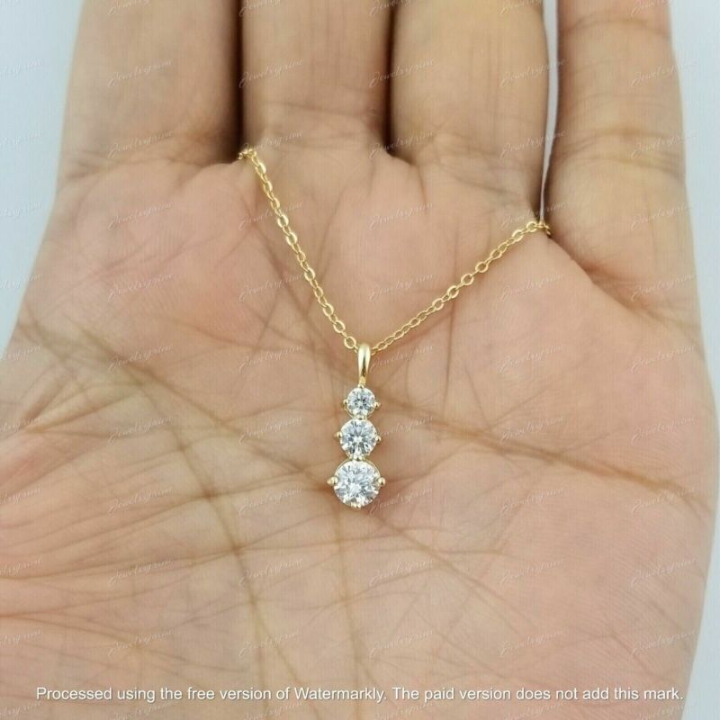 1ct Round Cut Lab Created Diamond Tri Pendant Necklace 14k Yellow Gold Finish