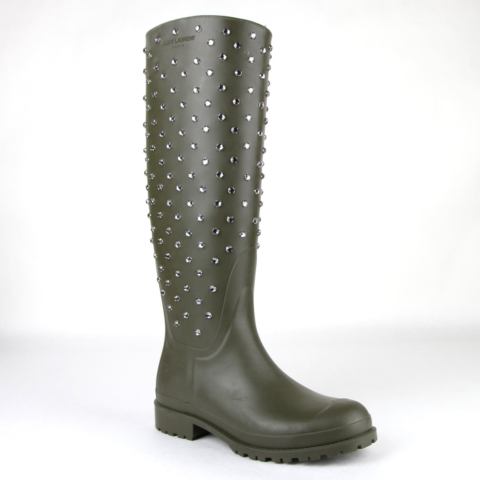 Pre-owned Saint Laurent Women Olive Green Rubber Rain Boots W/diamond Studs 427307 2906