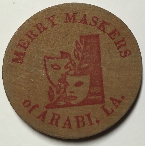 Rare February 27 1968 Merry Maskers Arabi Louisiana Mardi Gras wood Doubloon