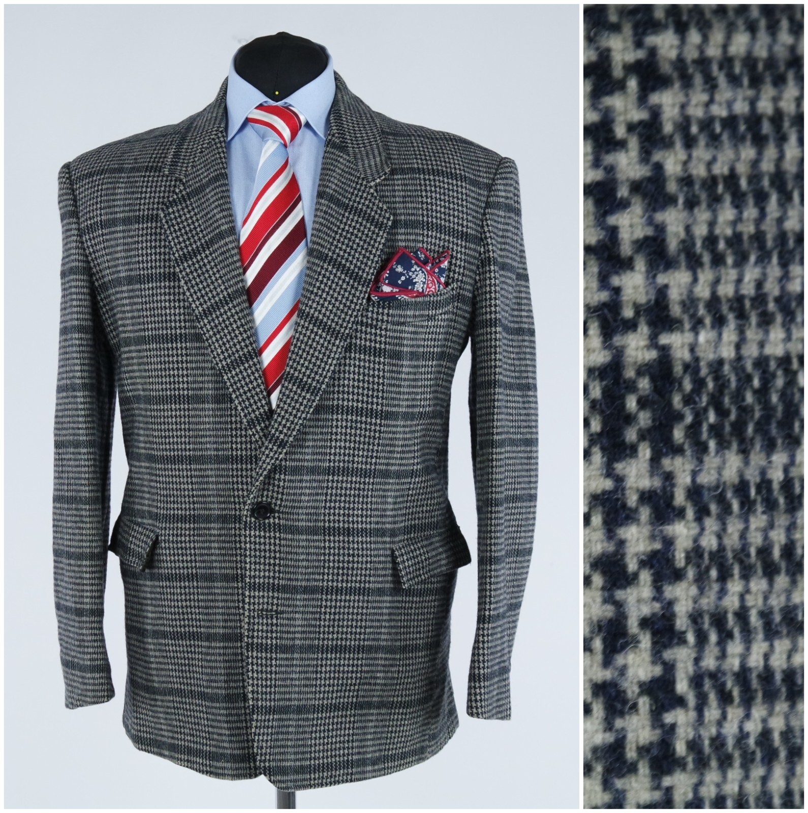 Mens Italian Blazer 42S UK Size WAMPUM Check Grey Wool Sport Coat Jacket