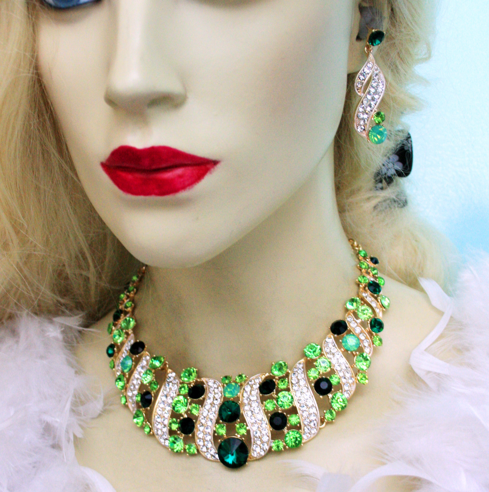 Green Rhinestone Austrian Crystal Choker Necklace Earrings Pageant Prom Bridal