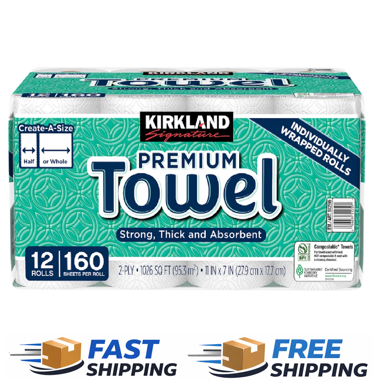 Paper Towels, Thick 2-Ply, 160 Sheets, 12 Individually Wrapped Rolls Kirkland
