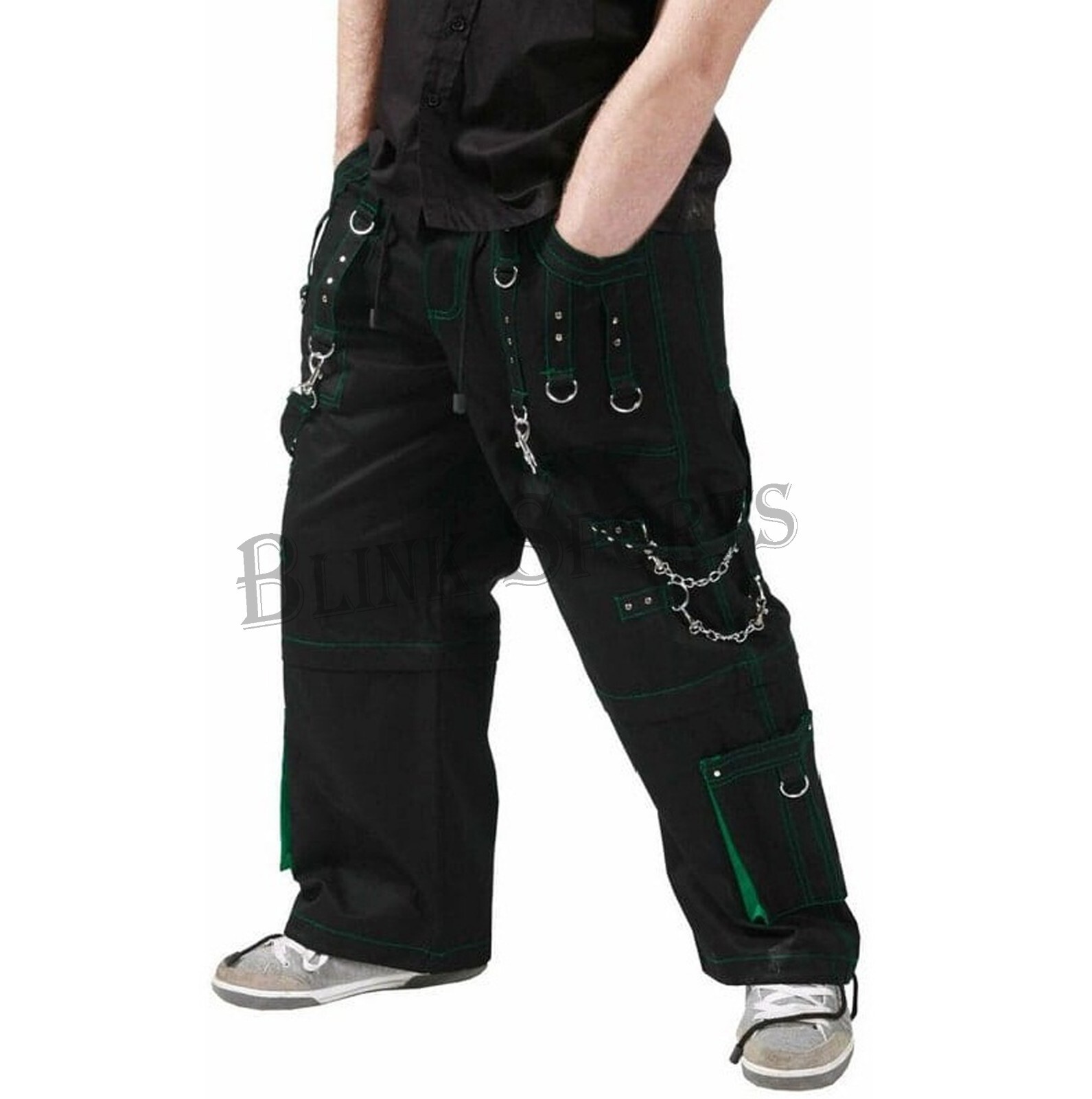 Men Gothic Cyber Chain Trouser Green Thread Punk Bondage