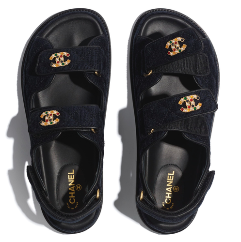 Pre-owned Chanel 21a Blue Velvet Denim Cc Logo Mule Slide Strap Flat Teva Dad Sandal 38