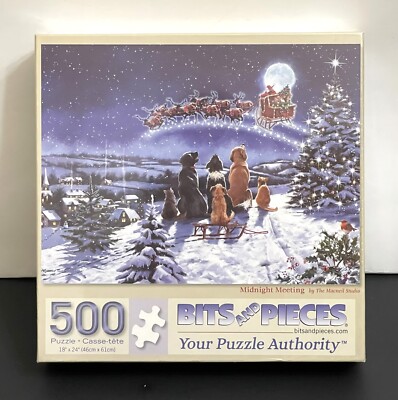 Bits and Pieces Puzzle MIDNIGHT MEETING 500 Piece 18 x 24 SEALED Dogs Christmas