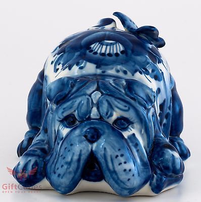 Porcelain Bulldog w butterfly Dog Figurine Gzhel colors handmade
