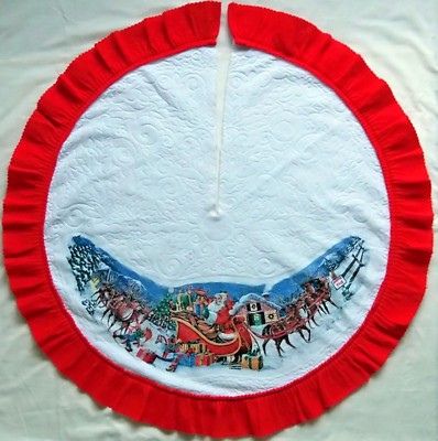 * Vintage Retro Felt Christmas Tree Skirt Santa & Sleigh 40
