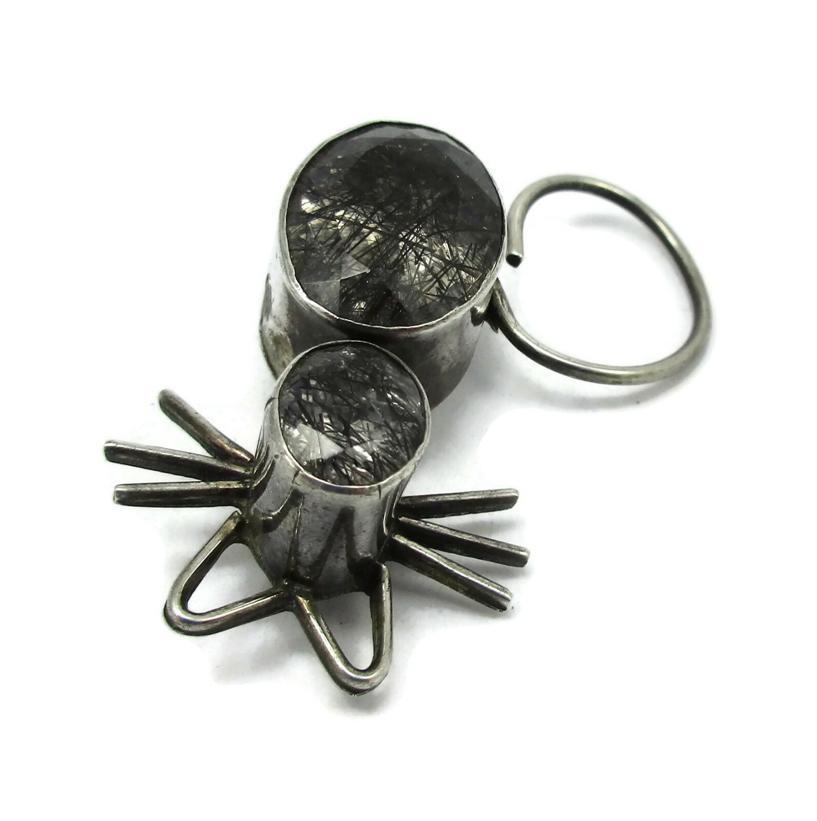 Tourmaline Quartz Sterling Brooch Pin Cat Figural Brooch Artisan Handmade