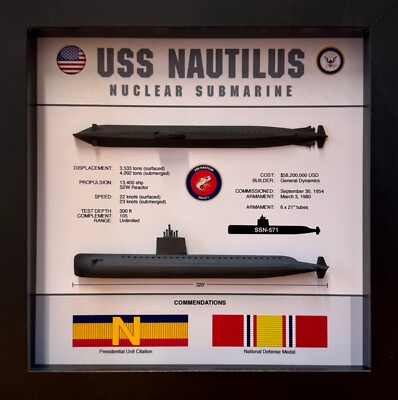 USS Nautilus Submarine Memorial Display, SSN-571, Shadow Box, 9'' x 9'', Black