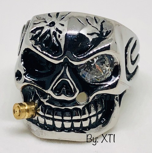 Bite the Bullet Head Skull Ring 316L Steel Clear Cubic