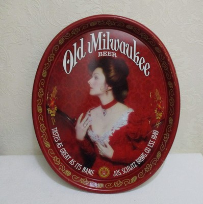 Vintage 1980's Old Milwaukee Beer Metal Oval Serving Tray,  15'' by 12 1/2''