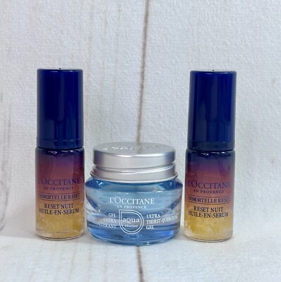 Lot x3 L'Occitane Immortelle Overnight Reset Oil-in-Serum & Thirst-Quenching Gel
