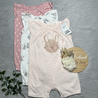 NEXT Baby Girls Preloved Set Of 3 Summer Bunny Rompers 6-9 Month