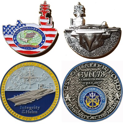 Set of  2 US Navy Aircraft Carrier Challenge Coins USS Ford, Reagan 96,161