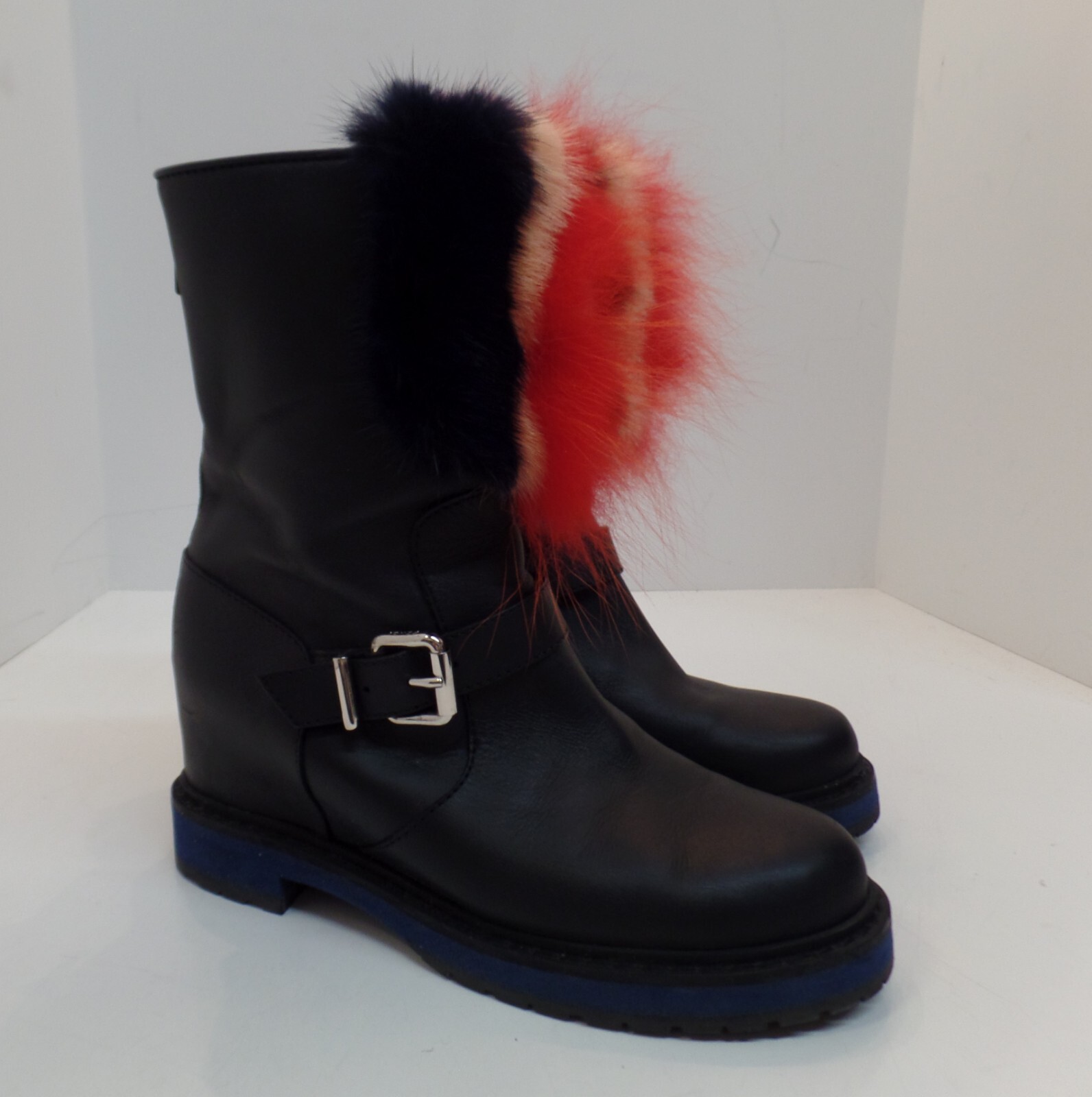 Fendi Caroline Mixed Fur Trimmed Black Leather Wedge Boots Fendi Caroline Mixed Fur Trimmed Black Leather Wedge Boots