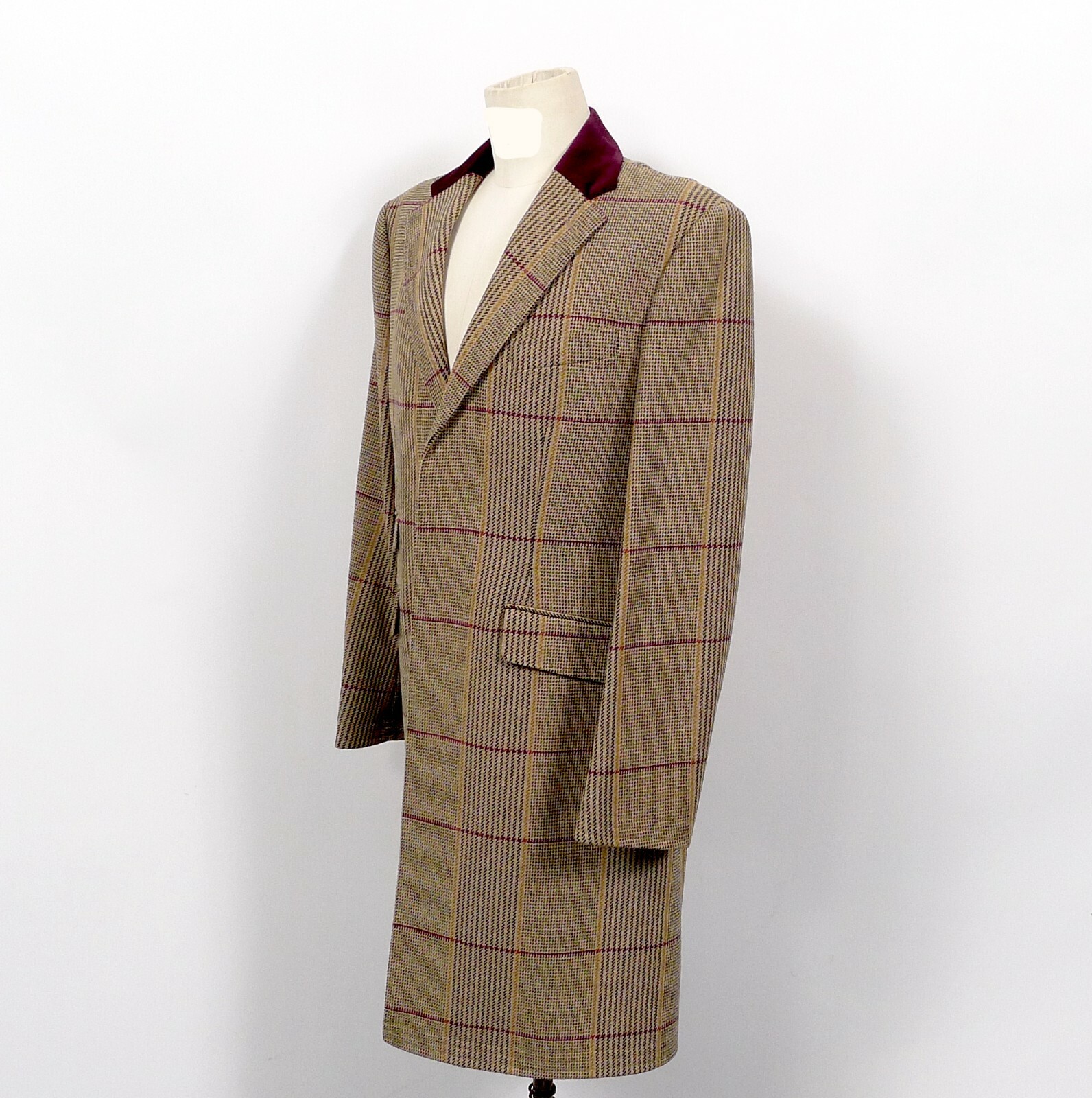 Pre-owned Crombie Top Coat Glen Check Burgundy Velvet Collar 40r Retail $1098 In Red