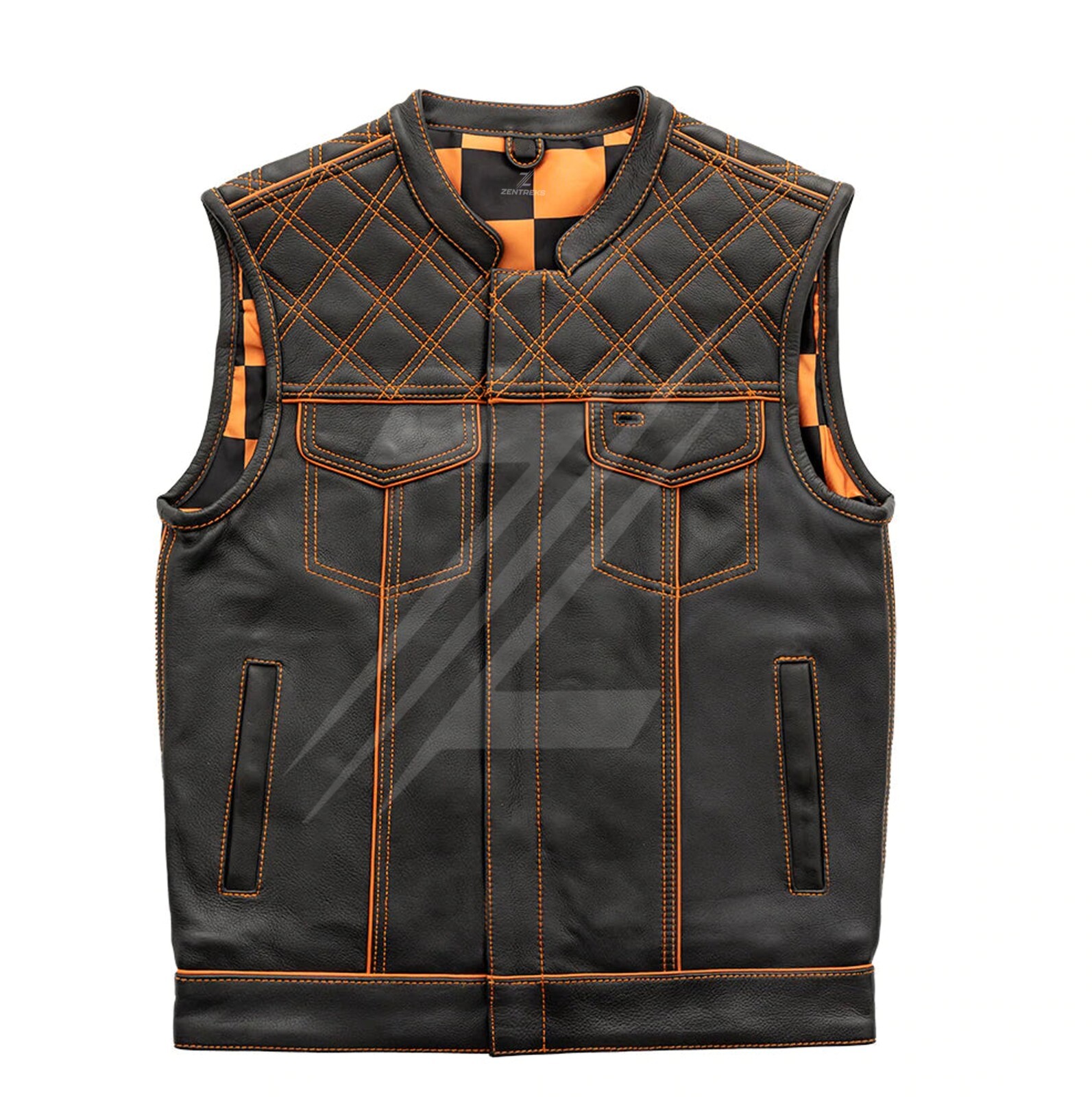 Men's Vest Orange Checker Leather Vest Diamond Quilted Biker