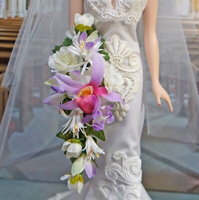 Orchid & White Cascade Style Floral Wedding Bouquet for 16'' Fashion Doll Bride
