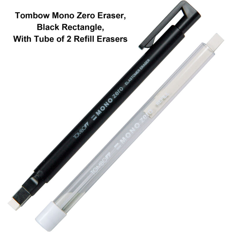 Tombow Mono Zero Eraser, Black Rectangle, With Tube of 2 Refill Erasers