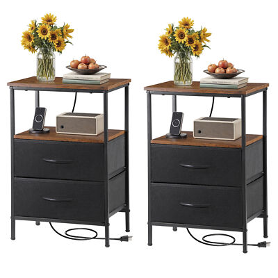 Nightstand Set of 2 with Charging Station Modern Bedside Table End Side Table