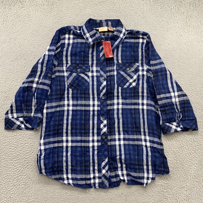 Northcrest Women s Plaid Roll Tab 3/4 Sleeve Camp Flannel Shirt Size Large NEW