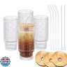 Vintage Glass Cups with Bamboo Lids and Straws–4Sets 11oz Iced Coffee Cups for Women, Aesthetic Glass Tumblers for Juice, Cocktail, Whiskey – Housewarming Gifts for New Home, Coffee Bar Accessories
