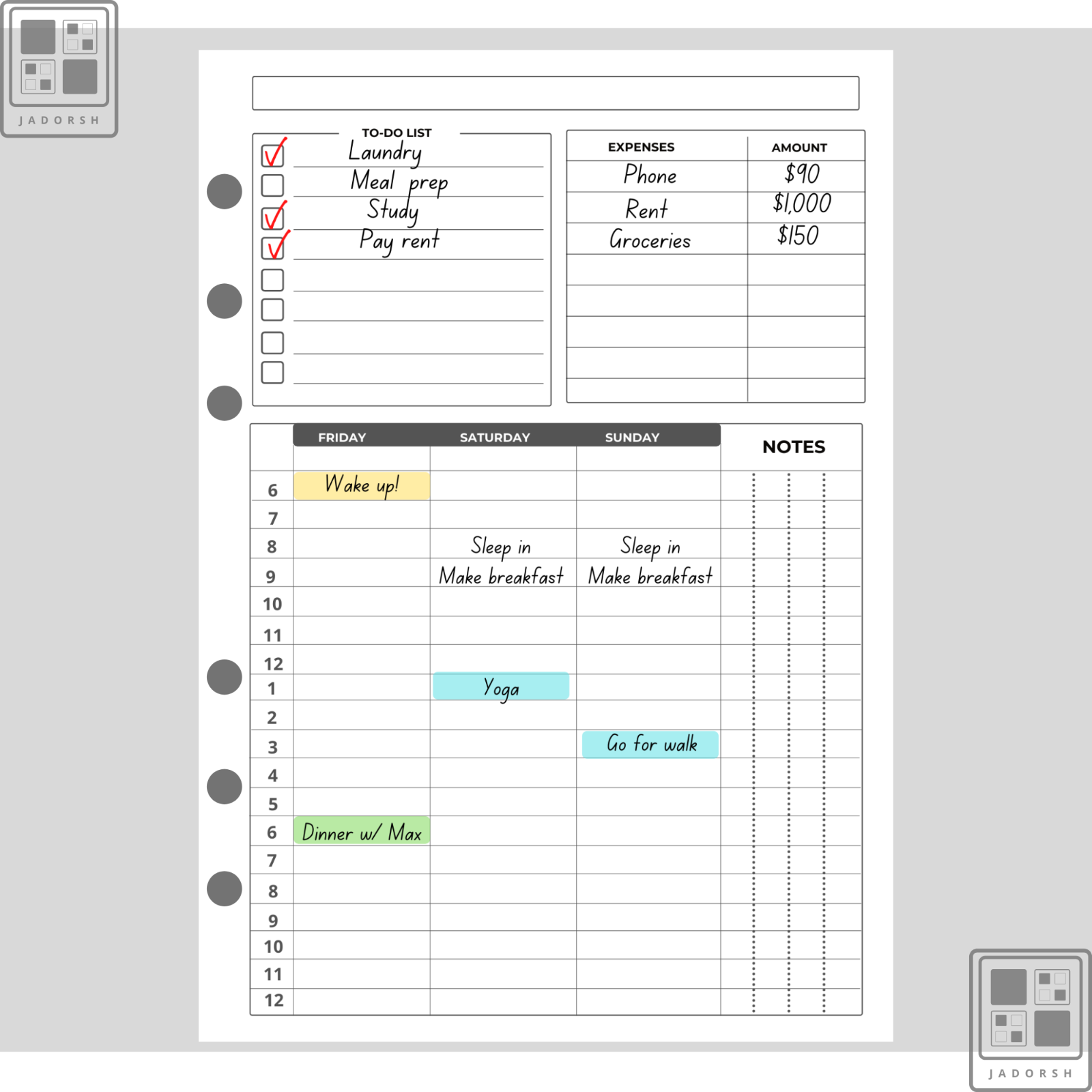 Printed A5 A6 Personal-Size Weekly Planner Insert Refills 50sheets [100Pages]