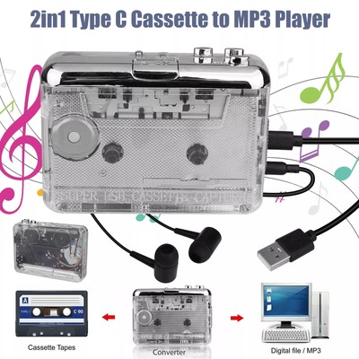 USB Cassette Capture to MP3 File Converter Digital Audio Connector w/Headphones