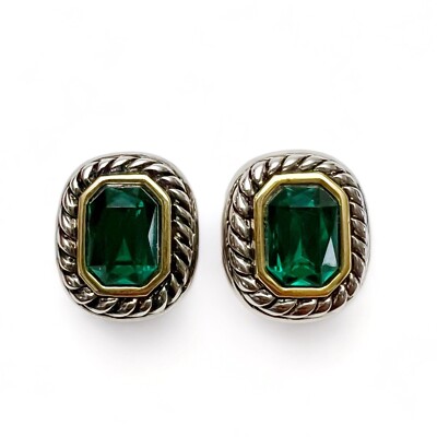 Vintage Emerald Cut Green Acrylic Rope Trim Rectangluar Clip On Earrings
