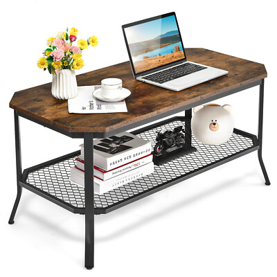 Coffee Table Living Room Central Table 2-Tier Industrial Open Shelf Metal Frame