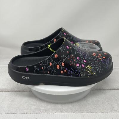 Oofos Rare Oocloog Luxe Clog Mules Wild Flower Floral Black Womens Size 12 NWT