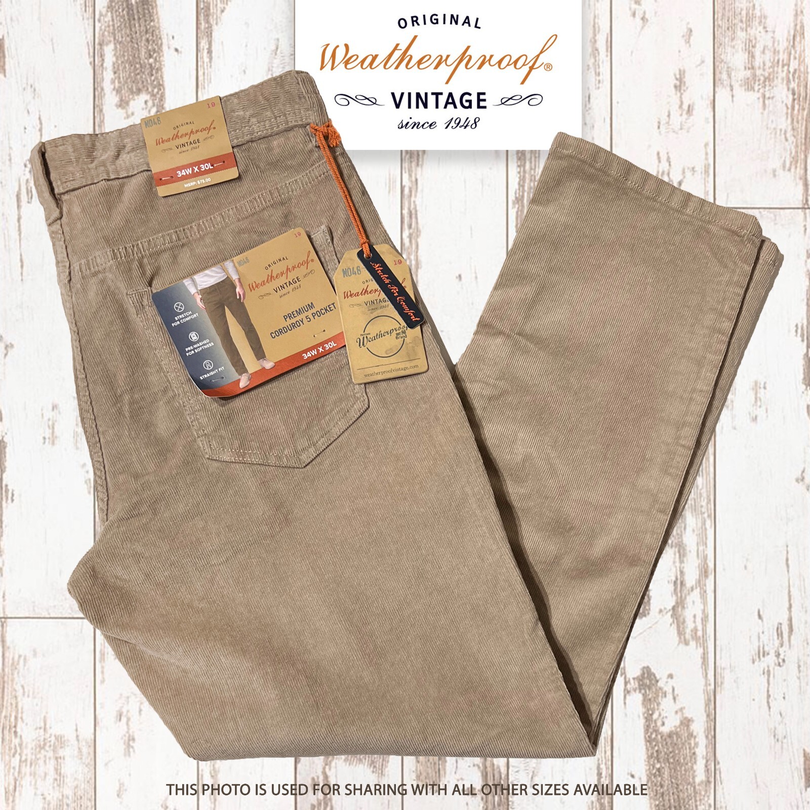New Weatherproof Vintage Mens Premium Corduroy Straight Fit