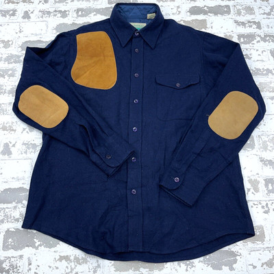 Vintage Gander Mountain Shirt Men Large Blue Wool Leather Patch Shooting 80s