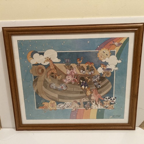 Debbie Kingston Baker Noah's Ark 水彩　絵画 Debbie Kingston Baker Noah's Ark Signed Large White Frame