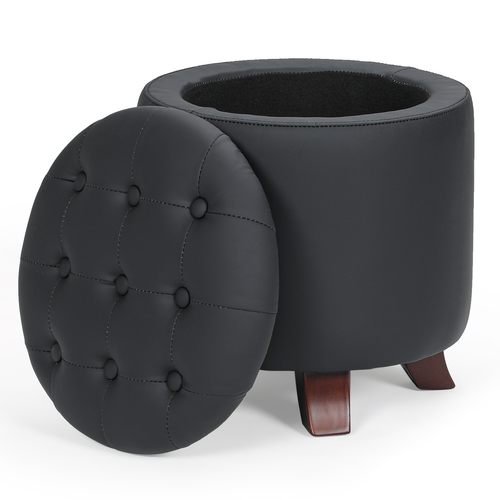 17" Black Round Storage Ottoman Classic PU Leather Lift Top Footstool Wood Legs
