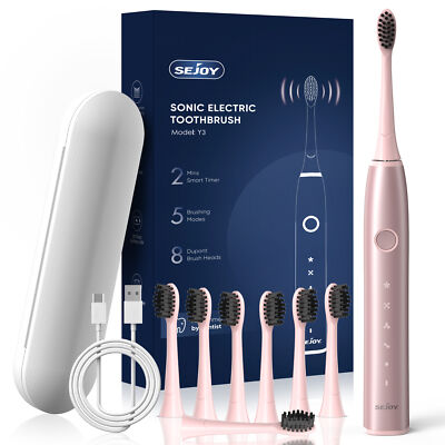 SEJOY Sonic Electric Toothbrush Rechargeable 5 Modes 8 Brush Heads Travel Case