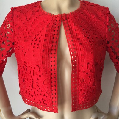 Pre-owned St John Knit Size 6 Lace Jacket African Red Polyester & Silk