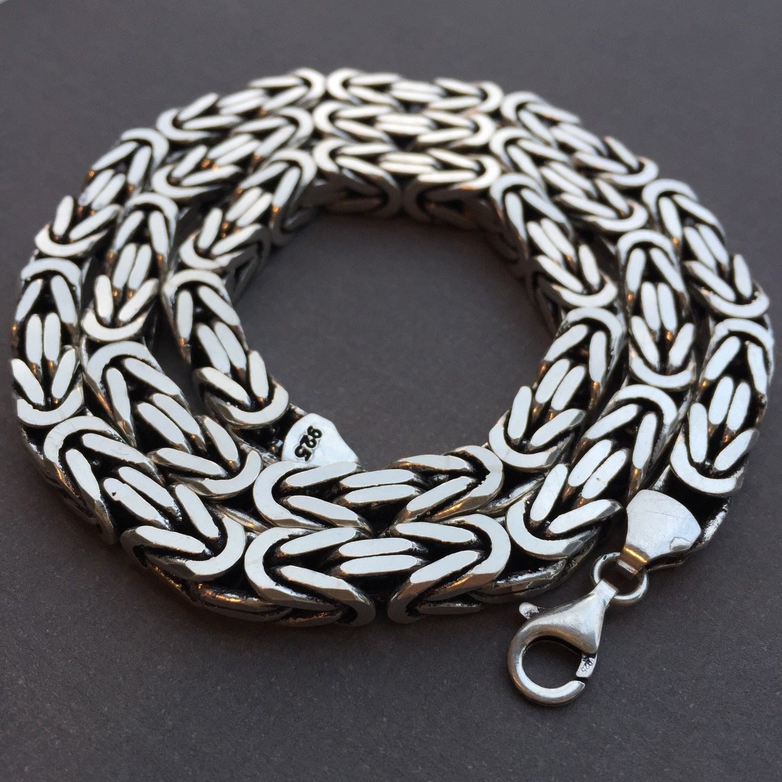 Pre-owned Handmade 7mm King Byzantine Box Oxide Chain Necklace 925 Sterling Silver 150gr 24 Inch