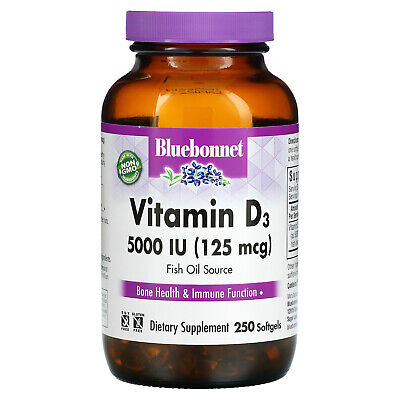 Bluebonnet Nutrition Витамин D3 5000 МЕ 250 гелевых капсул Без яиц, без глютена,